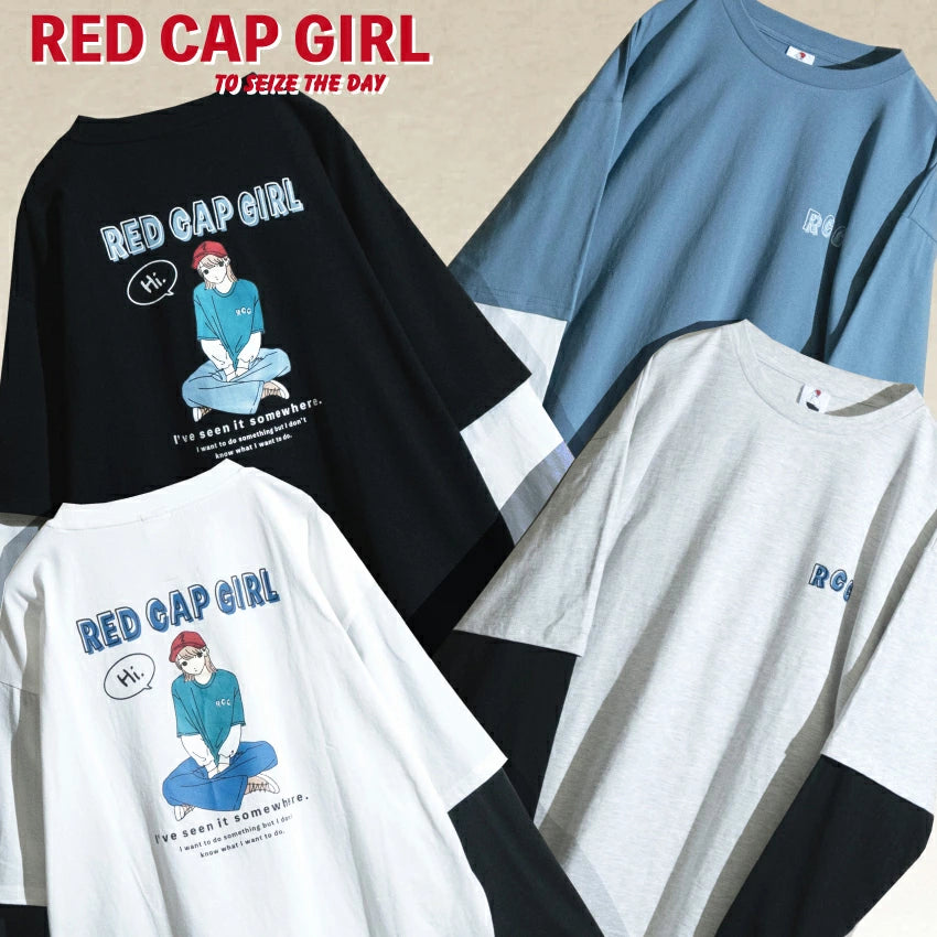 Red Cap Girl レッドキャップガール フェイクレイヤード バックイラスト ルーズサイズ L/S Tシャツ ロンT