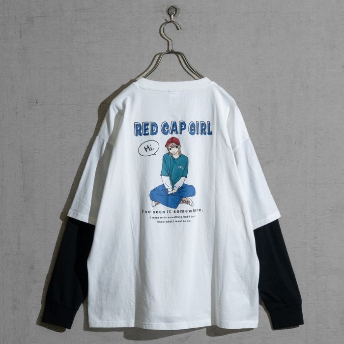 Red Cap Girl レッドキャップガール フェイクレイヤード バックイラスト ルーズサイズ L/S Tシャツ ロンT