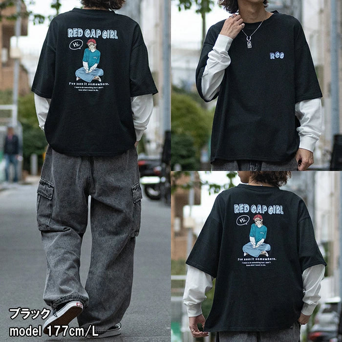 Red Cap Girl レッドキャップガール フェイクレイヤード バックイラスト ルーズサイズ L/S Tシャツ ロンT