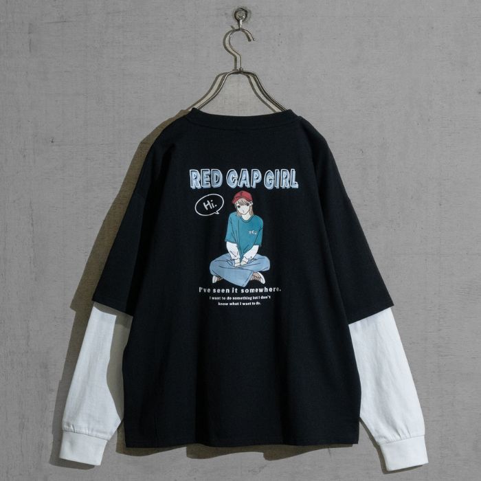 Red Cap Girl レッドキャップガール フェイクレイヤード バックイラスト ルーズサイズ L/S Tシャツ ロンT