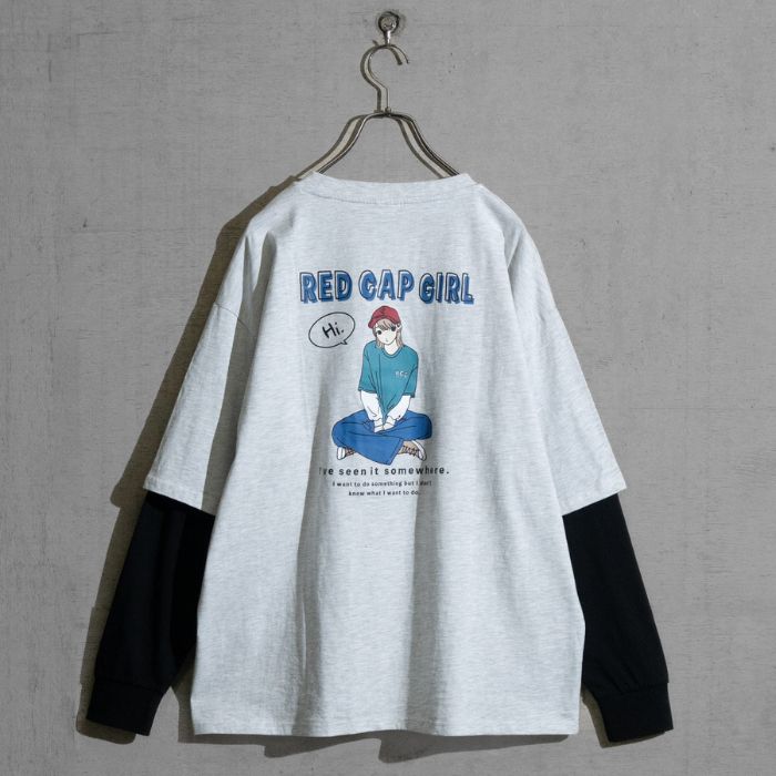 Red Cap Girl レッドキャップガール フェイクレイヤード バックイラスト ルーズサイズ L/S Tシャツ ロンT